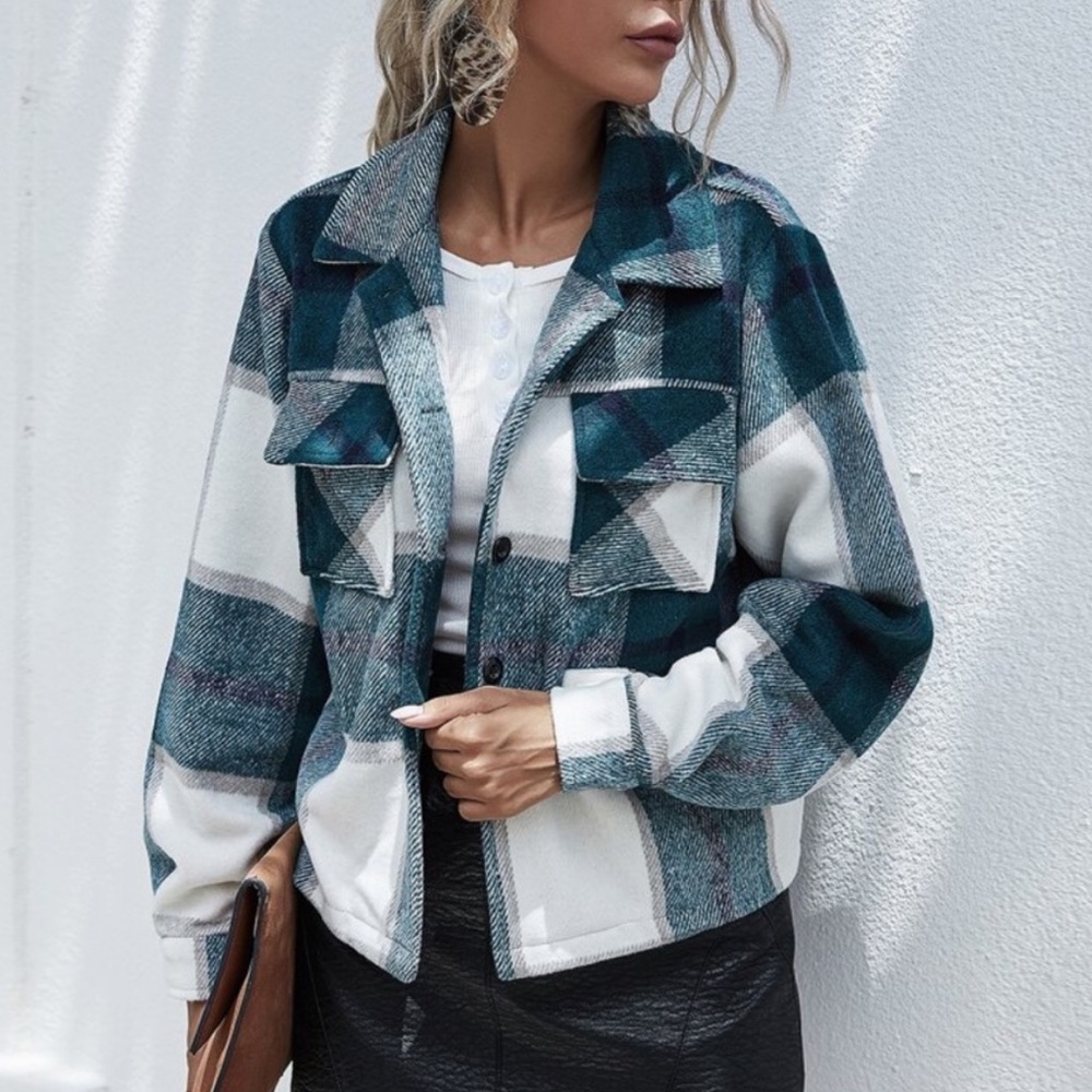 Boho plaid blue  oversized pocket detail button up jacket shachet - Picture 5 of 8